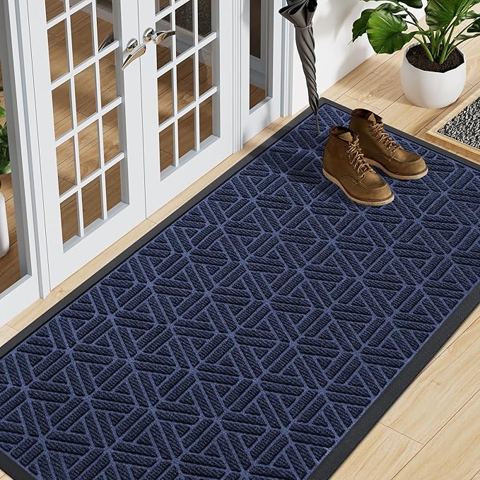 Smiry Front Door Mat Outside Entrance, Heavy Duty Sturdy Natural Rubber Doormat, Trap Dirt and Moisture, Easy Clean Low Profile Mats for Indoor Outdoor Entry, Grid Geometric (59x23, Navy Blue)