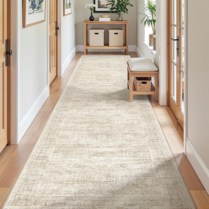 Washable Runner Rug 2.5x12, Non-Slip Long Bathroom Rugs Runner for Kitchen, Living Room, Bedroom, Soft Vintage Washable Rug for Entryway, Thin Floor Mat for Dining Room(2.5'x12', Beige/Ivory)