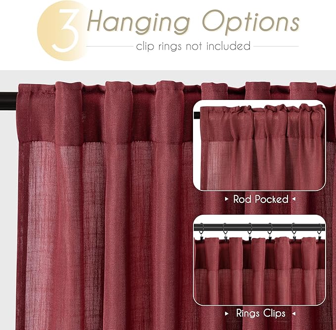 Burgundy Curtains for Living Room Back Tab Modern Farmhouse Semi Sheer Burgundy Curtains 90 inches Long 2 Panels Set Muted Neutral Window Curtain for Dining Room Bedroom 52x90