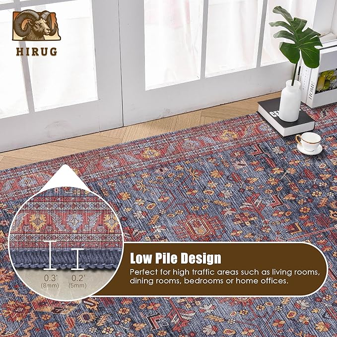 Washable Area Rug 5' x 7' Vintage Traditional Persian Mat - Foldable Distressed Non-Slip Machine Washable Carpet for Living Room Bedroom Kitchen Home Decor - Indigo and Crimson