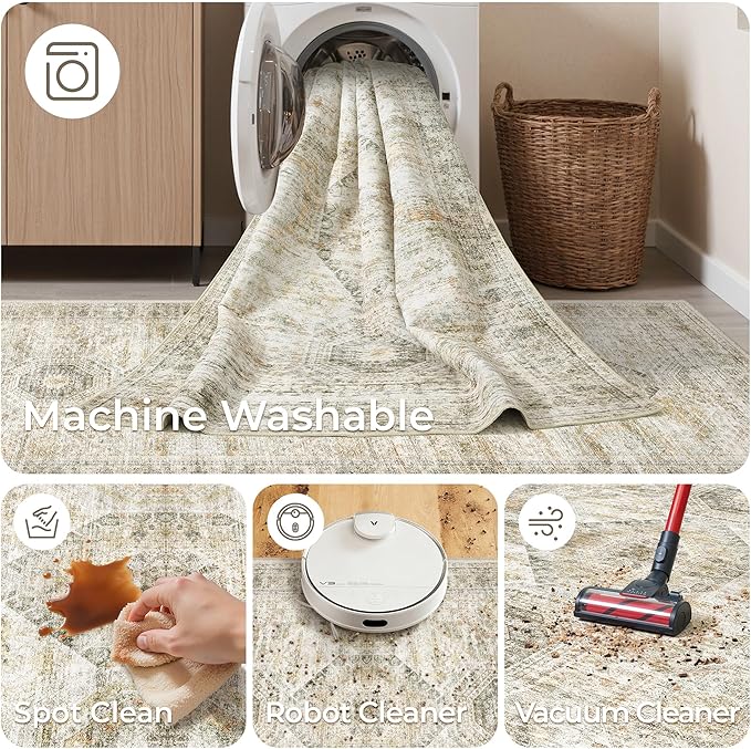 Rug Runners for Hallways Non Slip - 2x8 Runner Rug for Bedroom, Washable Runner with Rubber Backing, Soft Low-Pile Carpet for Kitchen, Laundry, Bathroom (2'x8', Grey/Yellow)