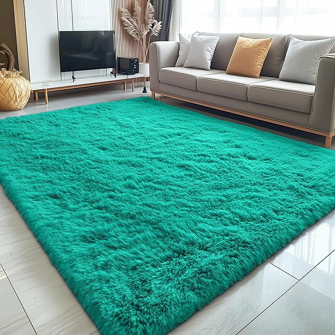 OLANLY 5x8 Machine Washable Large Area Rugs for Living Room, Bedroom, Soft Fluffy Shaggy Bedside Rug, Indoor Floor Carpet for Kids Girls and Boys, Dorms, Nursery, Home Decor Aesthetic, Teal Green