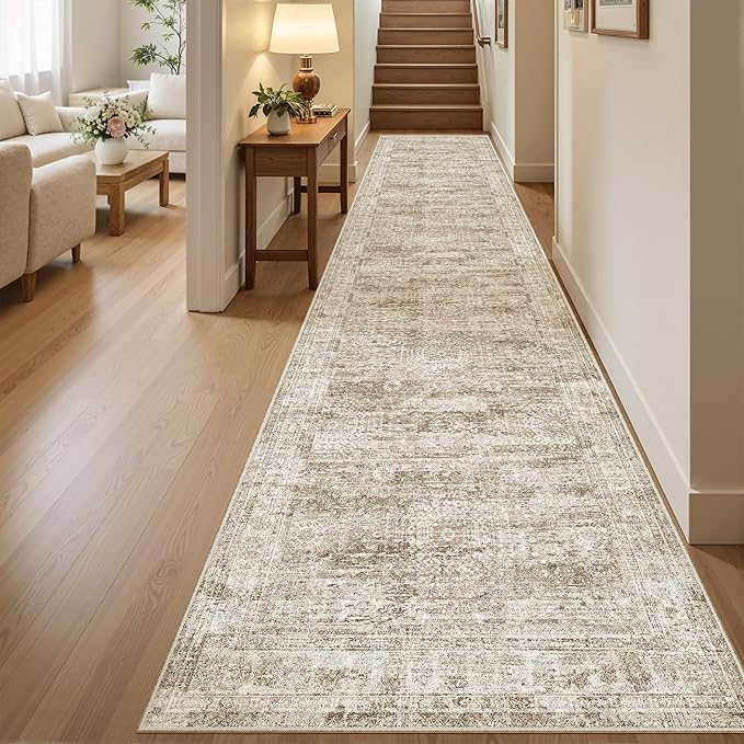 Runner Rug 2'6" x 10' Washable Non-Slip Runner Rugs for Kitchen Bathroom Laundry Room Vintage Ultra Thin Runners for Hallway Entryway Brown
