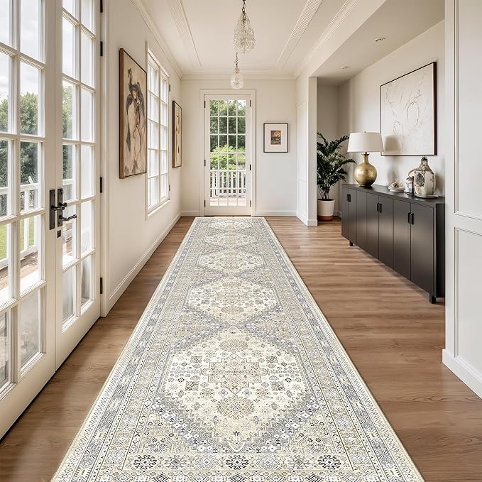 Washable Runner Rug 2.5x16, Non-Slip Long Kitchen Mats for Floor, Vintage Rug for Entryway, Soft Hallway Runner for Dining Room, Bedroom, Living Room(Beige,2.5'x16')