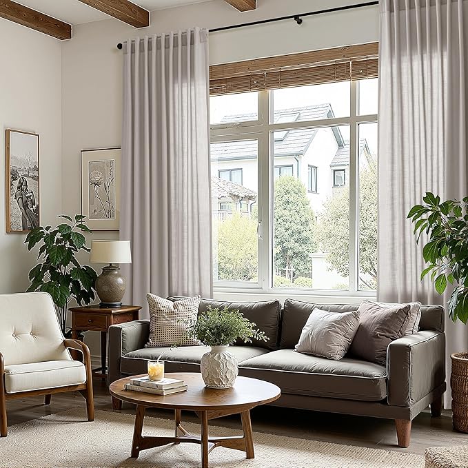 Nanspring Stone Grey Linen Curtains 84 Inch Length 2 Panels Set for Living Room Simple Modern Light Filtering Semi Sheer Curtain Back Tab and Rod Pocket Neutral Luxury Drapes for Bedroom Office 52x84