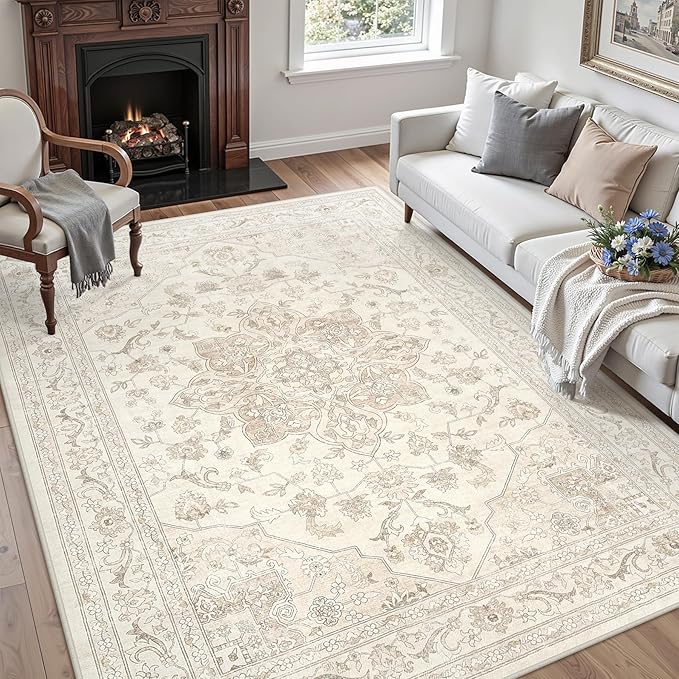 6x9 Area Rugs for Living Room: Vintage Boho Neutral Washable Rug Indoor Soft Large Area Rug Carpet for Bedroom Nursery Farmhouse Dining Room Office Floor Non-Slip Low Pile Under Table Rug Beige White