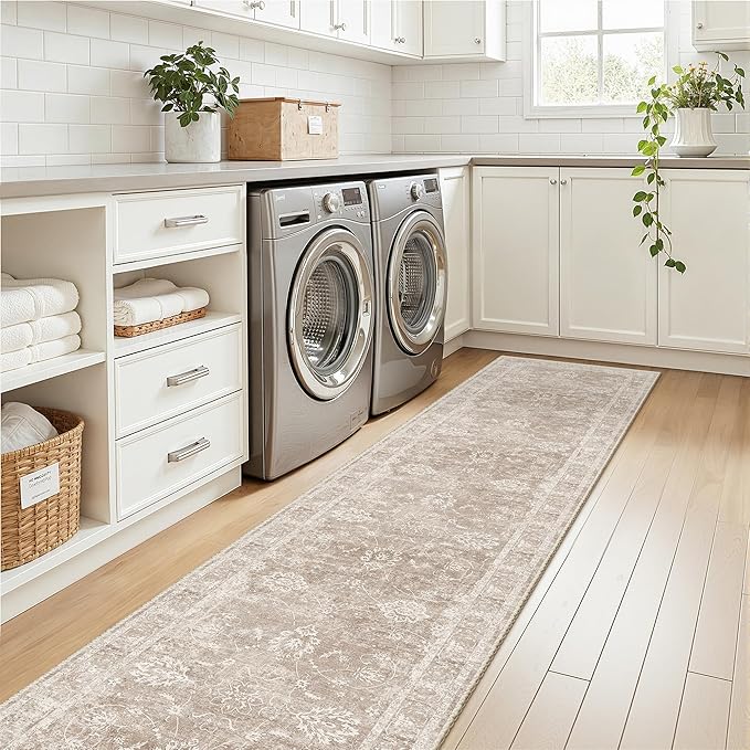 Madane Runner Rug 2x10 for Hallway, Kitchen Non-Slip Runner Rug with Rubber Backing, Vintage Soft Low Pile Throw Neutral Carpet Runner for Laundry Room Entryway Bathroom Bedroom (2 x 10, Brown/Sand)