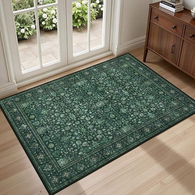2x3 Area Rugs Living Room Rug: Washable Vintage Distressed Floral Rug No Slip Stain Resistant Soft Carpet Indoor Large Carpets for Bedroom Dining Room Farmhouse Nursery Hallway Home Office Deep Green