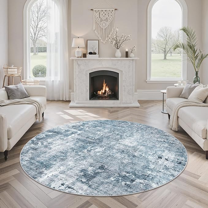 5x5 Blue/Grey Round Rug 5ft Living Room Circle Rug Vintage Round Area Rug Non Slip Indoor Carpet for Entryway Dining Room Bedroom