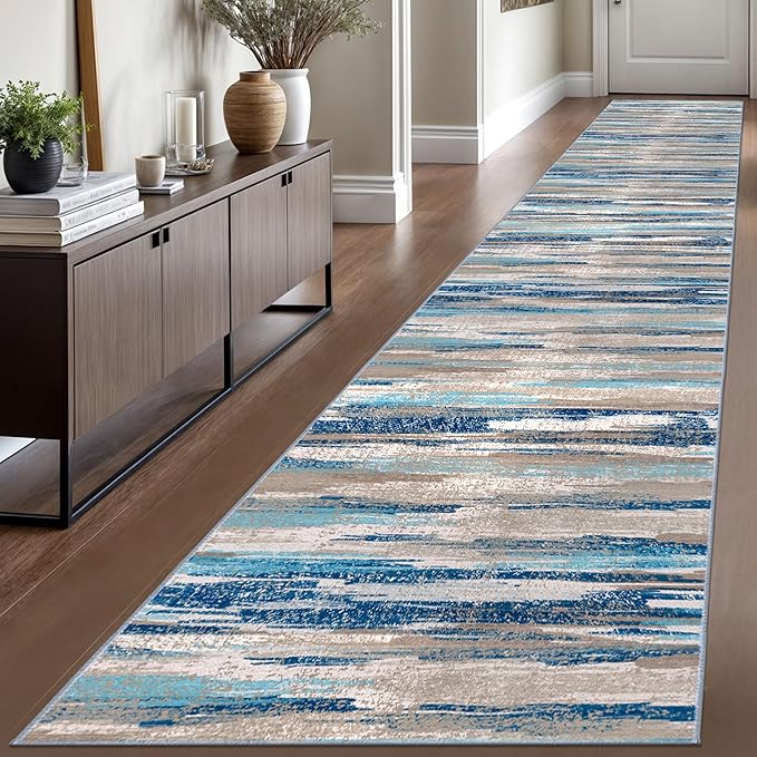 Lansny Modern Abstract Runner Rug 2.6x16, Blue Washable Long Kitchen Runner Non-Slip Soft Hallway Rug Runner Thin Print Faux Wool Carpet for Entryway Bedroom Laundry Room Indoor Home Decor