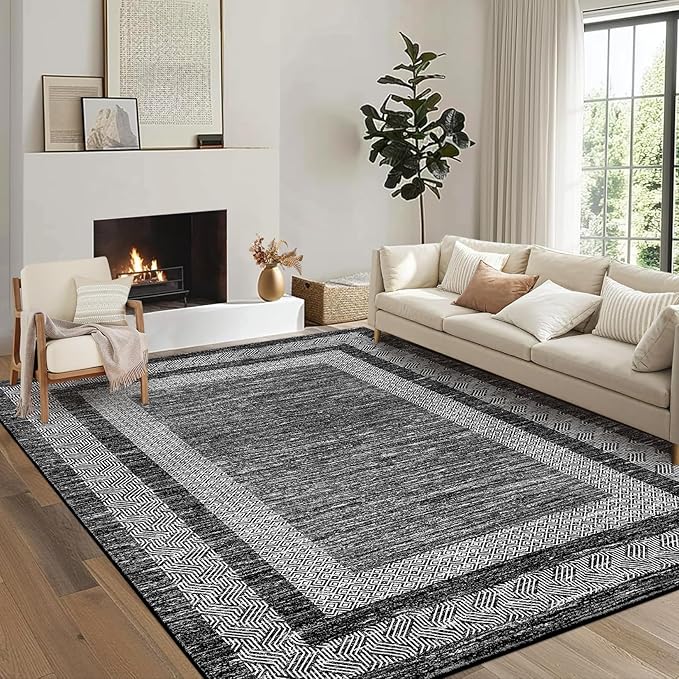 GarveeHome Large Washable Rug 9x12 Modern Geometric Non Slip, Distressed Bordered Printed Rug, Soft Non Shedding Indoor Carpet, Low Pile Thin Foldable Mats for Open Spaces Offices, Black