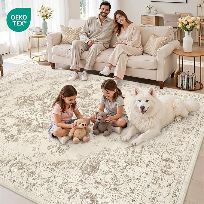 5x7 Area Rugs for Living Room: Vintage Boho Neutral Washable Rug Indoor Soft Large Area Rug Carpet for Bedroom Nursery Farmhouse Dining Room Office Floor Non-Slip Low Pile Under Table Rug Beige/Ivory