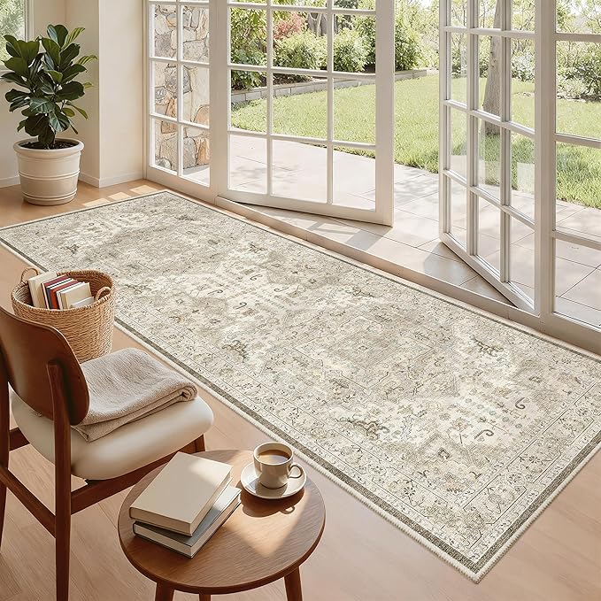 Madane Hallway Runner 3x8, Kitchen Rugs Washable Entryway Rug Vintage Kitchen Runners Non Slip Indoor Area Rug Farmhouse Carpet Runner for Bathroom Living Room Bedroom (3 X 8, Ivory/Brown)