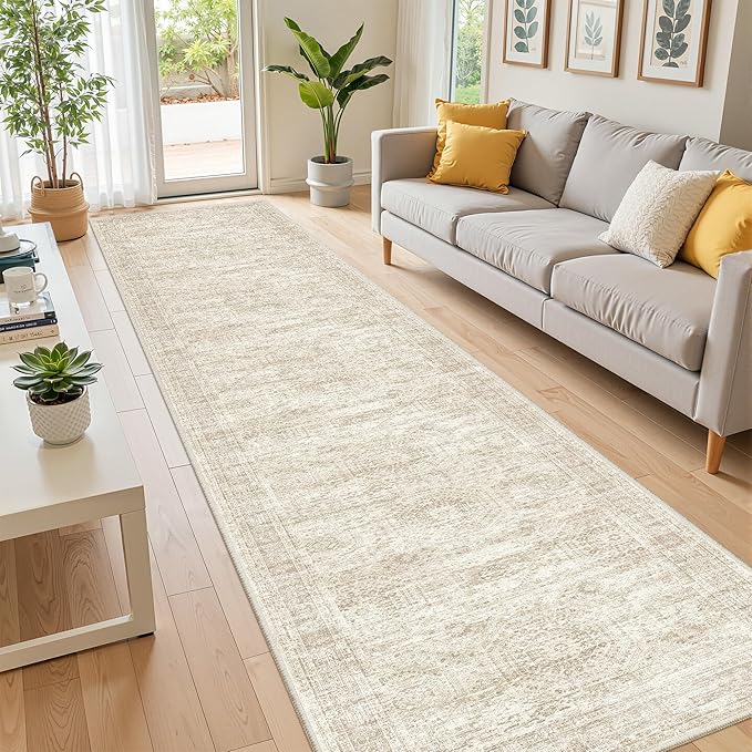 Long Bathroom Rugs Runner - Washable Runner Rugs for Hallway 2x10, Ultra-Thin Soft Kitchen Carpet Runner, Anti Slip Backing Runner Rugs for Entrance, Bedroom, Living Room(2'x10', Beige/Ivory)