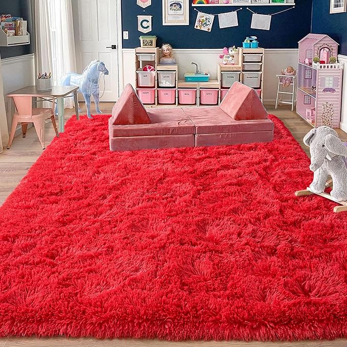 Rugs for Living Room 9x12, Soft Shaggy Modern Shag Area Rug for Bedroom, Upgrade Non-Slip Plush Fluffy Carpet for Kids Boys Girls Room Home Decor Aesthetic, Red
