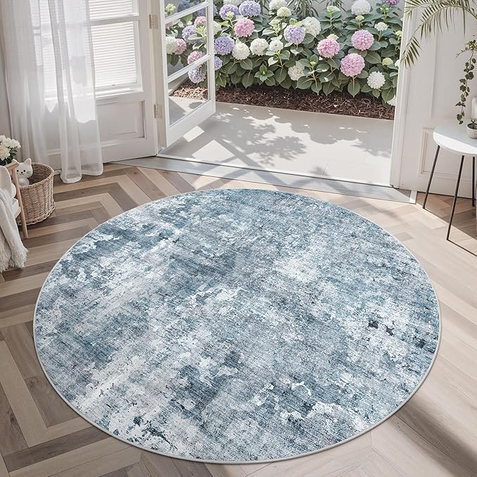 6x6 Blue/Grey Round Rug 6ft Living Room Circle Rug Vintage Round Area Rug Non Slip Indoor Carpet for Dining Room Bedroom