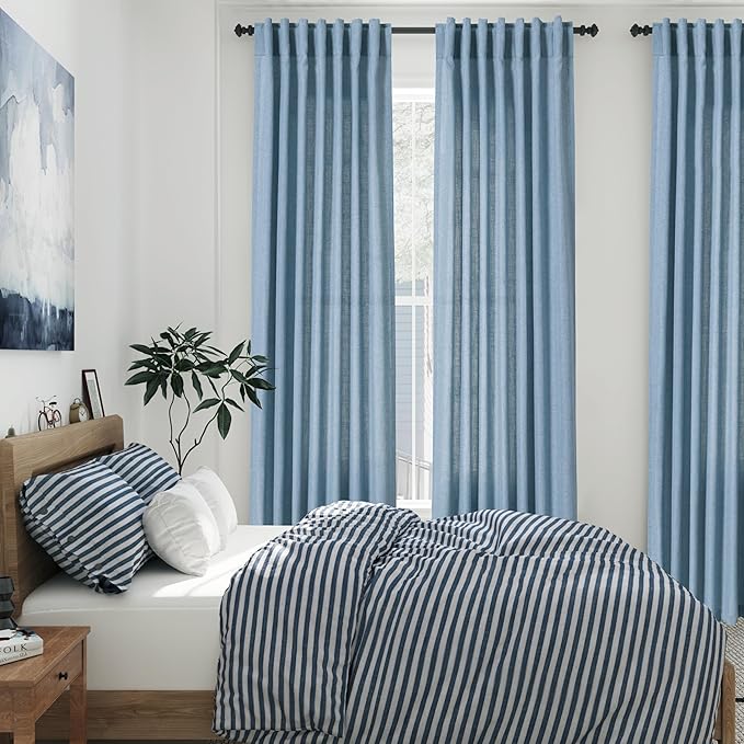 Blue Linen Blend Drapes 84 Inch Length 2 Panels Set Back Tab Rod Pocket Light Filtering Semi Sheer Textured Dusty Blue Vertical Curtains Boho Farmhouse Decor Curtains for Living Room Bedroom 40x84