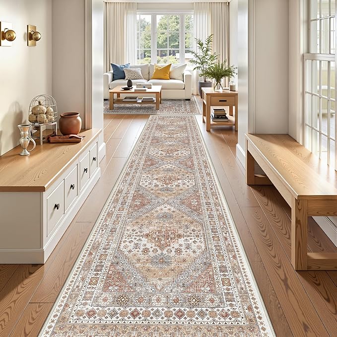 3x14 Runner Rug for Hallway, Non-Slip Long Kitchen Mats for Floor, Vintage Washable Rug for Entryway, Soft Hallway Runner for Dining Room, Bedroom, Living Room(Orange,3'x14')