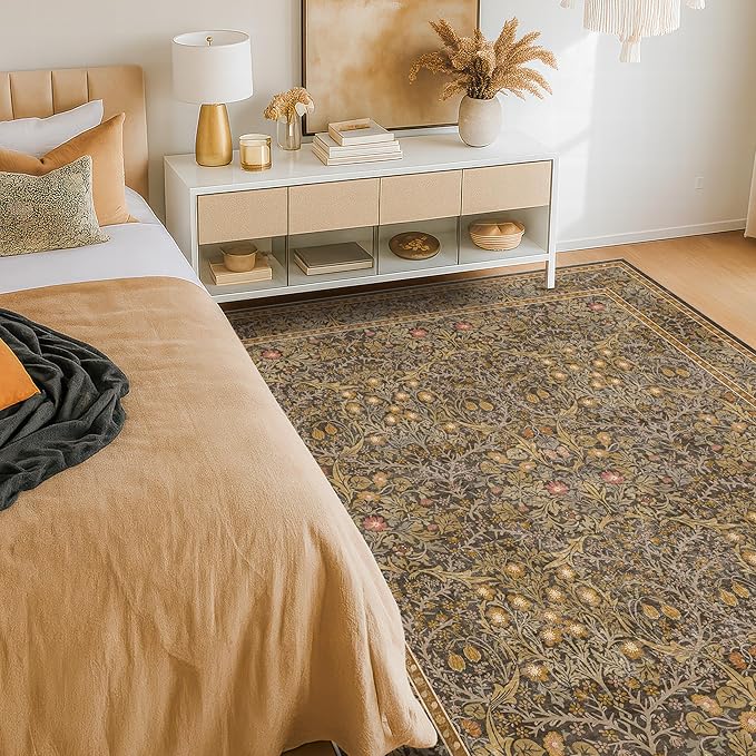 Dining Room Rugs for Under Table - 5x8 Washable Brown Oriental Area Rug for Living Room, Low Pile Non-Slip Floor Carpet for Bedroom - Vintage Design & Stain Resistance
