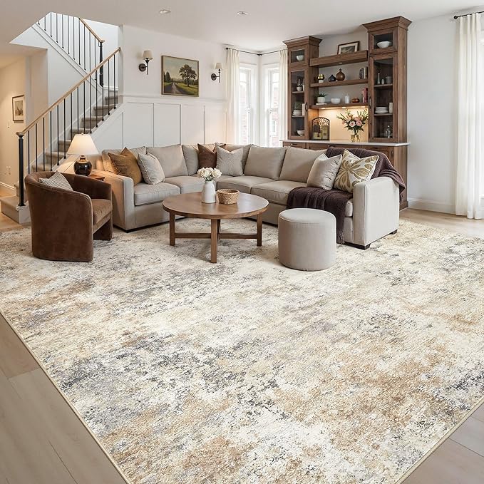 UERMEI 11x14 Area Rug Living Room Rugs - Washable Neutral Modern Abstract Soft Thin Large Rug Indoor Floor No Slip Rug Carpet for Bedroom Under Dining Table Home Office Decor - Golden Grey