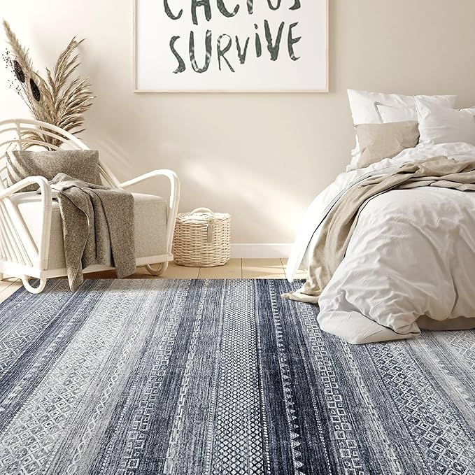 Nakagishi 5x7 Area Rugs Living Room: Washable Boho Large Neutral Soft Rug Modern Stain Resistant Moroccan Indoor Non Slip Floor Carpet for Bedroom Nursery Kids Playroom Office Dining Room Dorm- Blue