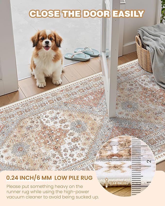 4x12 Runner Rug for Hallway, Low-Pile Wide Runner for Entryway, Long Washable Non-Slip Kitchen Rug, Soft Vintage Home Decor Mat for Living, Laundry Room(Orange,4'x12')