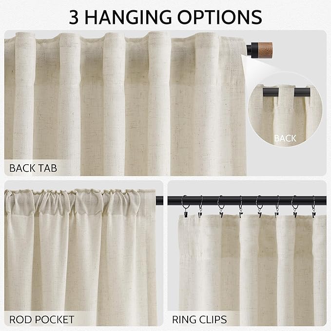 Nanspring Vanilla Linen Curtains for Living Room 63 Inch Length Luxury Light Filtering Semi Sheer Curtain Back Tab Modern Farmhouse Decor Elegant Coastal Drapes for Bedroom Office 52x63, 2 Panels