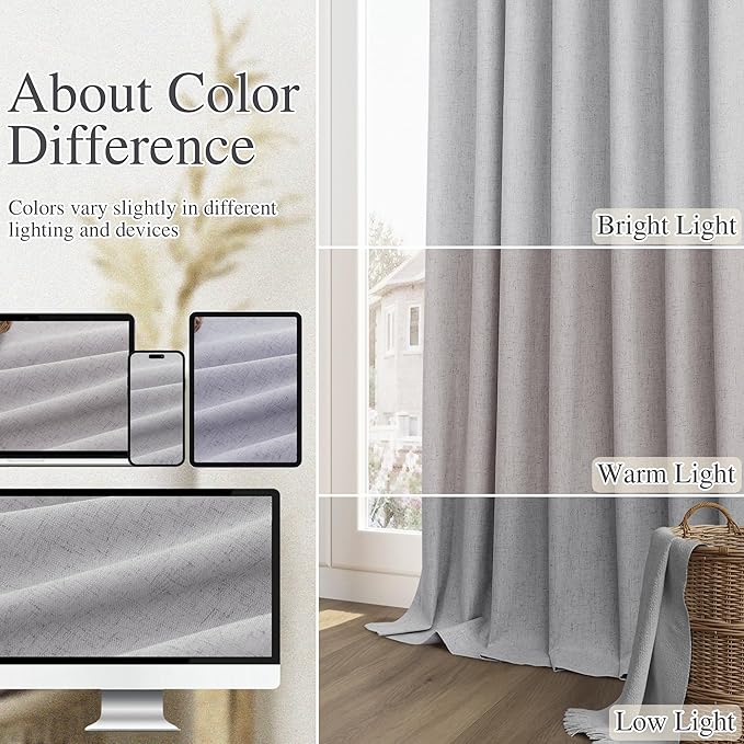 Guken Grey 100% Blackout Curtains 90 Inch Length 2 Panels Set for Living Room Bedroom Back Tab Thermal Insulated Black Out Linen Drapes Room Darkening Window Curtains 90 Inches Long