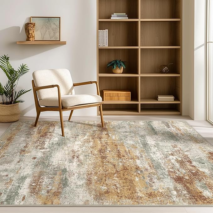 BEIMO Area Rugs 9x12 for Living Room Bedroom, Modern Abstract Machine Washable Rug, Large Soft Low Pile Floor Cover with Non Slip Backing for Dining Room, Orange Green