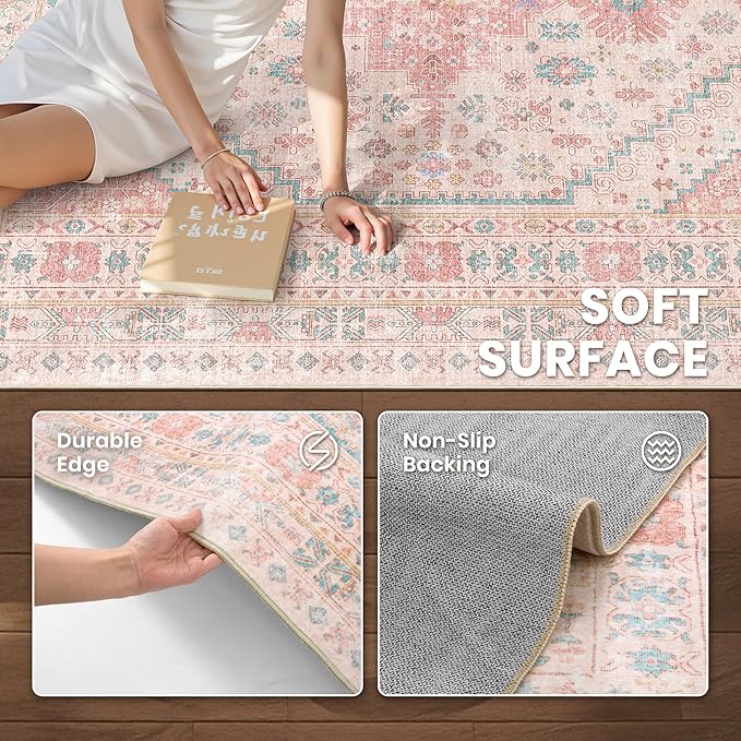 zesthome Pink Rug - 3x5 Area Rugs for Bedroom, Stain Resistant Washable Rugs for Nursery Room, Living Room, Home Decor, Girls Rug (Pink/Blue,3'x5')