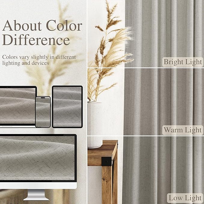 Nanspring Silver Grey Linen Curtains 63 Inches Length 2 Panels Set for Living Room Back Tab Pocket Modern Light Filtering Semi Sheer Drapes Cotton Linen Textured Grey Curtain 52X63 Inches