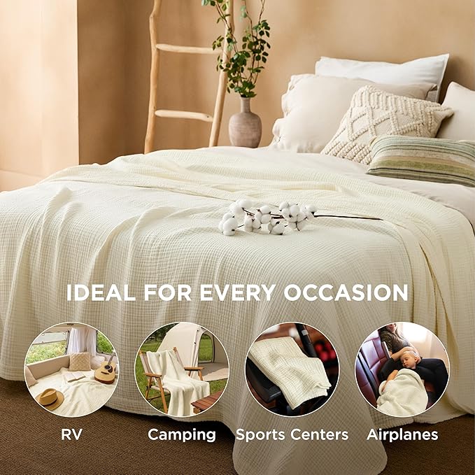 Bedsure 100% Cotton Muslin Blanket King Size for Bed - 4-Layer Breathable and Lightweight Thin Soft Summer Gauze Muslin Blanket for Adults, Cream, 108x90 Inches