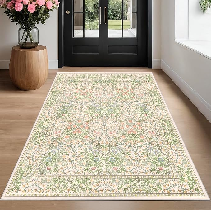 Hazo Haus Beige Green Bedroom Rug 5x7 Area Rug for Living Room, Vintage Washable Floral Rugs for Nursery, Dining Room, Light Green Non Slip Stain Resistance Distressed Retro Low Pile Floor Mat Indoor