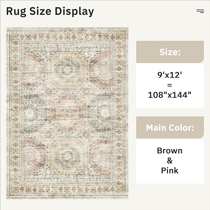 9x12 Area Rugs for Living Room, Non Slip Machine Washable Vintage Rugs, Low Pile Lightweight Large Rug for Bedroom, Dining Room, Home Office Brown Pink