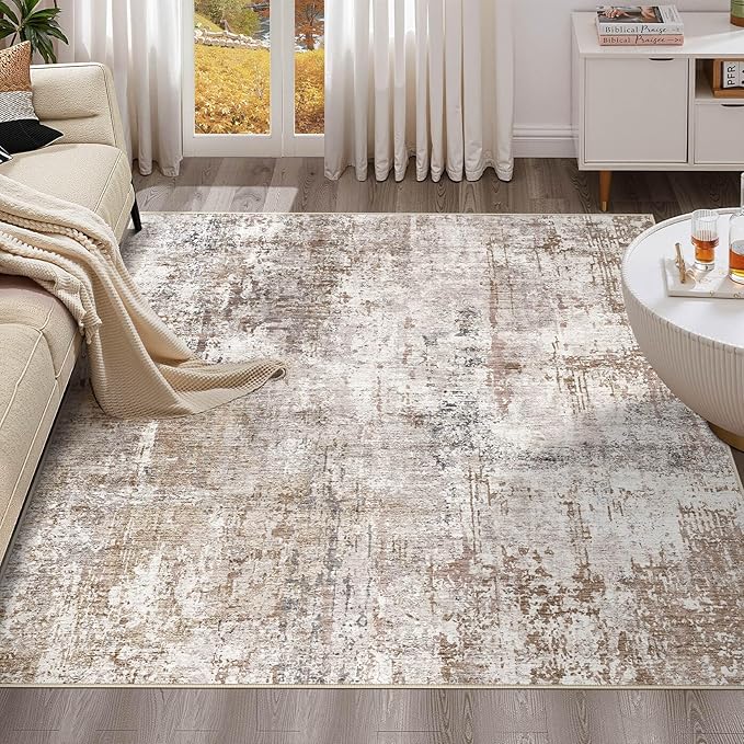 UERMEI Square Area Rugs : Washable 6x6 Neutral Modern Abstract Carpet for Living Room Bedroom - Soft Floor Mat with Non Slip Backing for Kitchen Nursery Dorms Farmhouse Home Decor - Brown/Grey/Red