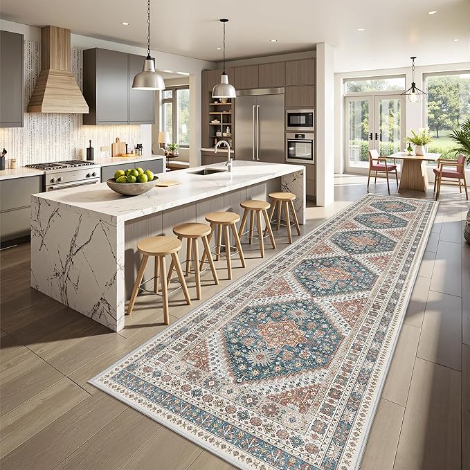Carpet Runners for Hallway 12ft, Non-Slip Long Bathroom Rugs Runner for Kitchen, Living Room, Soft Vintage Washable Rug for Entryway, Thin Floor Mat for Dining Room(Blue/Red,2.5'x12')