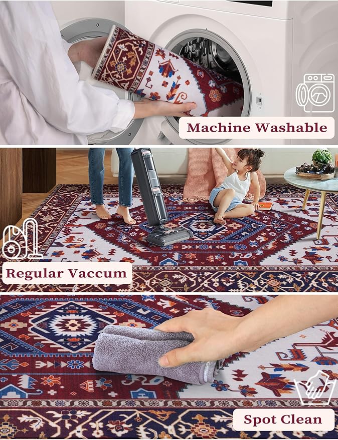 SERISSA Runner Rug for Hallways, 2'6"x10' Washable Non Slip Kitchen Runner Rug, Long Boho Rug Vintage Burgundy Navy Hallway Stair Ultra Soft Print Floor Carpet for Bedroom Bathroom Laundry Room