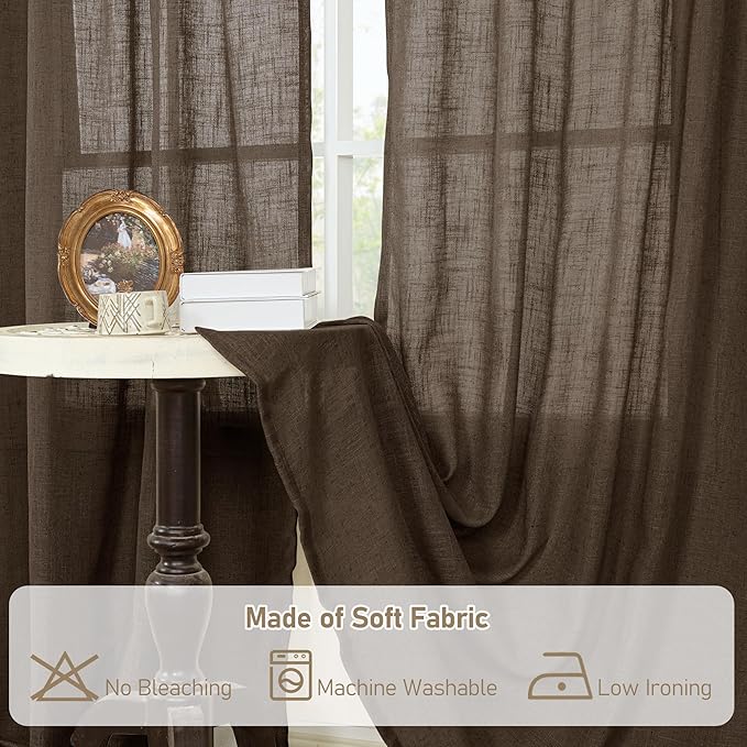 LAMIT Linen Curtains 63 Inch Length 2 Panels, Light Filtering Panels Back Tab and Rod Pocket Neutral Drapes for Bedroom/Window/Living Room, Dark Brown, 34 x 63 Inch