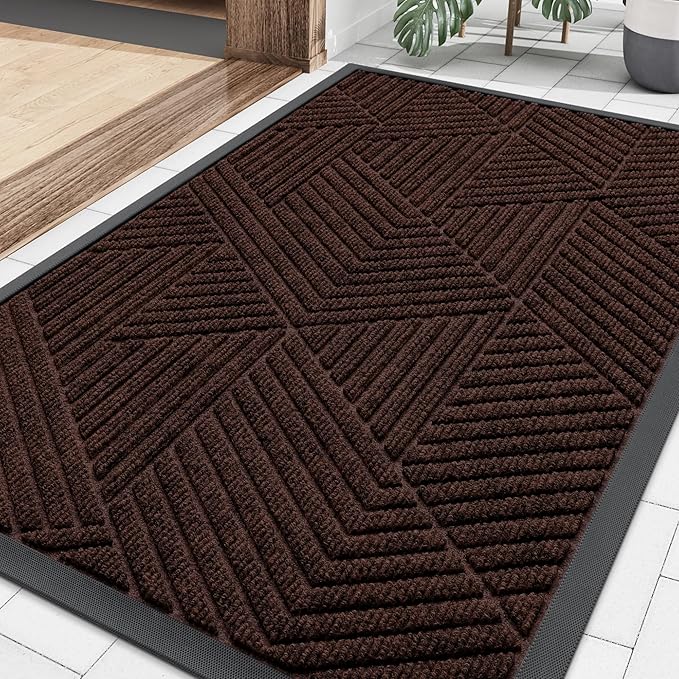 Smiry Front Door Mat Outside Entrance, Heavy Duty Sturdy Natural Rubber Doormat, Trap Dirt and Moisture, Easy Clean Low Profile Mats for Indoor Outdoor Entry, Irregular Triangle (29.5x17, Deep Brown)