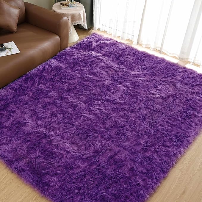 Goolela Purple Area Rug 8x10 Fluffy Fuzzy Furry Carpet for Bedroom Living Room Faux Sheepskin Fur Shaggy Rectangle