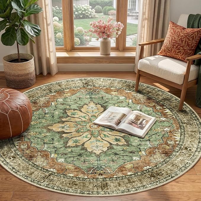 Area Rugs 4ft Washable Non-Slip, Floral Vintage Distress Print Pattern Medallion Carpet for Living Room Bedroom Dining Room, Brick Red Rust Neutral Brown Burnt Orange
