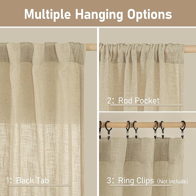 LAMIT Semi Sheer Linen Curtains 54 Inch Length 2 Panels, Light Filtering Panels Back Tab and Rod Pocket Neutral Drapes for Small Window/Bedroom, 52 x 54 Inch