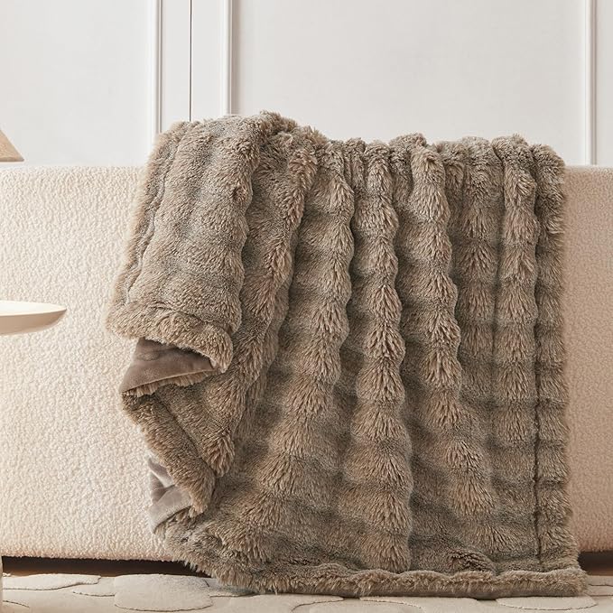 COOVA Faux Fur Throw Blanket for Couch, Cozy Soft and Fuzzy Plush Rabbit Fur Bubble Blanket for Sofa Bedroom Living Room, 50x60 Inches Cationic Brown
