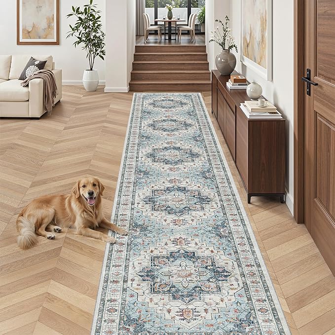 Madane Hallway Runner Rug 2'6''x16' Kitchen Runner - Non Slip Vintage Runners for Hallways Washable Kitchen Rugs Soft Low Pile 2.5x16 ft Rug Runner for Laundry Room, Entryway and Bedroom, Blue