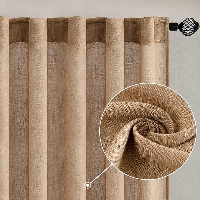 MIULEE Brown Linen Curtains 96 Inches Long for Bedroom Living Room, Soft Thick Linen Textured Window Drapes Semi Sheer Light Filtering Back Tab Rod Pocket Burlap Look Farmhouse Decor, 2 Panels Set