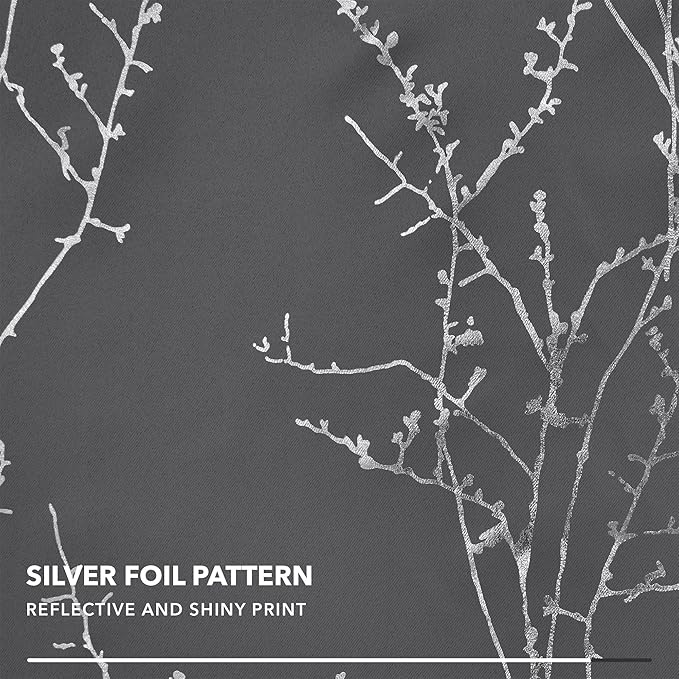 Deconovo Blackout Curtains Grey, Thermal Insulated Soundproof Drapes, Silver Branch Foil Print, 42 x 54 Inch, 2 Panels, Machine‑Washable Privacy Window Panel for Living Room Bedroom Small Windows
