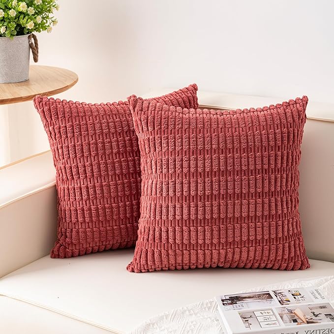 Pack of 2 Corduroy Decorative Throw Pillow Covers 16x16 Inch Soft Striped Pillow Covers Modern Farmhouse Home Decor for Sofa Living Room Couch Bed（Cranberry Red）
