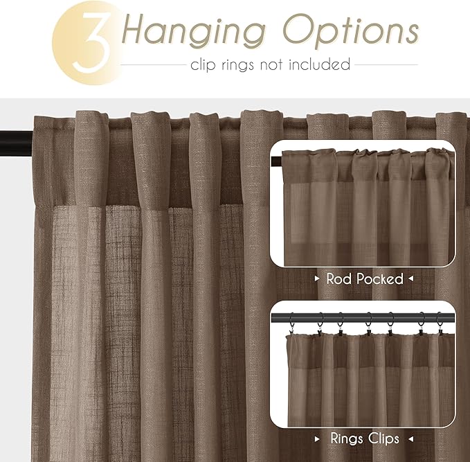 Chocolate Brown Linen Curtain 90 inch Length 2 Panels Set Back Tab Light Filtering Living Room Curtain Drapes Home Office Modern Minimalist Decor Farmhouse Boho Neutral Semi Sheer Curtain 90 inch Long