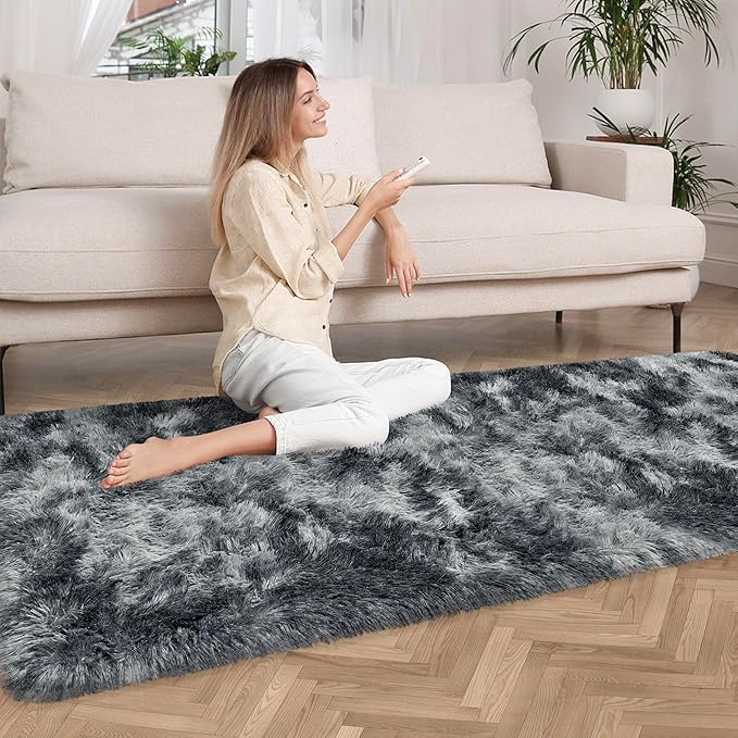 Tie-Dyed Dark Grey 2x6 Machine Washable Runner Rugs for Hallway Soft Fluffy Shaggy Bedside Rugs for Bedroom Living Room Indoor Floor Carpet for Kids Girls and Boys Nursery Rooms Home Decor Aesthetic