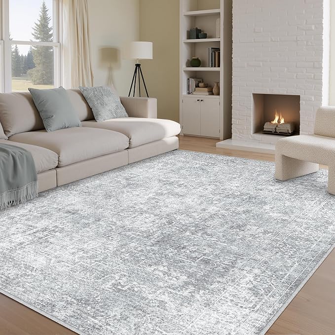 PureCozy 6x9 Area Rug Washable Vintage Living Room Carpet Large Indoor Non Slip Grey Bedroom Distressed Low Pile Retro Accent Throw Rug for Dining Room